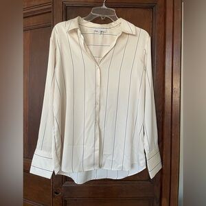 S: Ivory Satin Low Sheen Button Down Blouse Black/White pinstripes NWOT new!